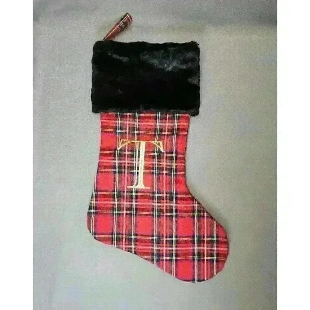 Monogram Initial Letter T Red Plaid & Faux Fur Christmas Stocking 19" Holiday